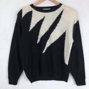 VTG Color Cues Sequin Beaded Angora Blend Sweater Women's L Black Ivory 80s 90s